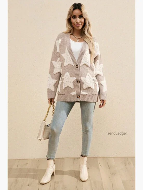 Sherpa Cardigan Sweater with Star Pattern and Pockets, Oversized Fit - Picture 7 of 7